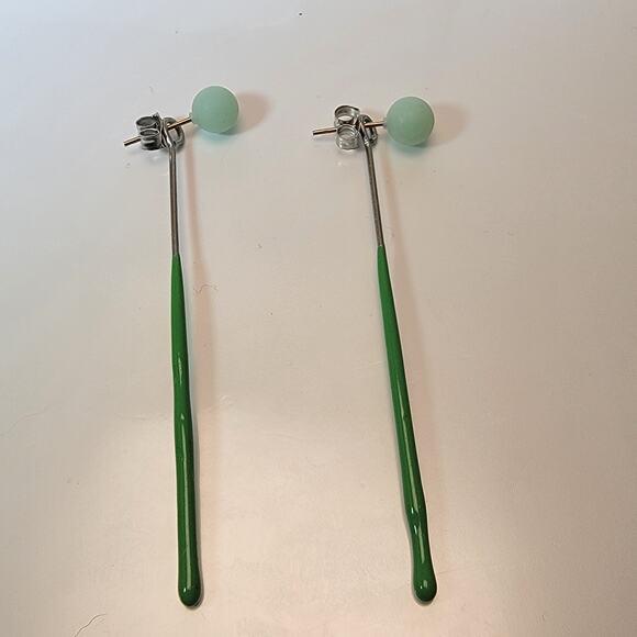 Mint Green Ceramic Barbell Earrings with Stainless Steel Posts, Minimalist - Picture 3 of 10